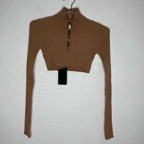 NWT Andrea Adamo Ribbed Knit Crop Top in Nude Medium - Picture 2 of 14
